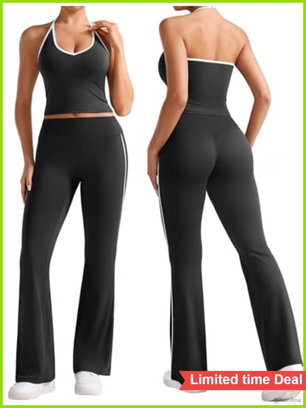 V Neck Halter Crop Tank Top High Waist Flare Leggings Gym Yoga Outfit